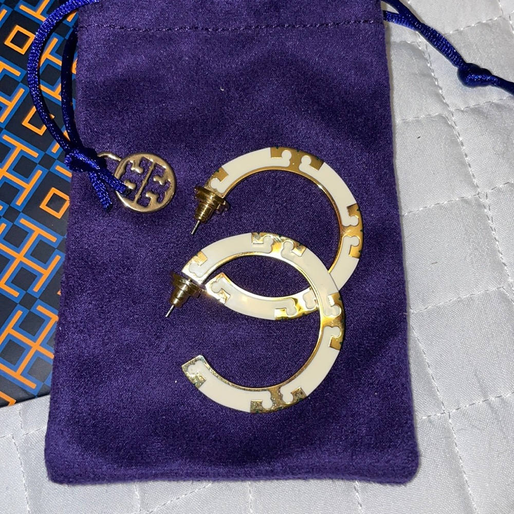 Tory Burch Gold and Cream Hoop Earrings
